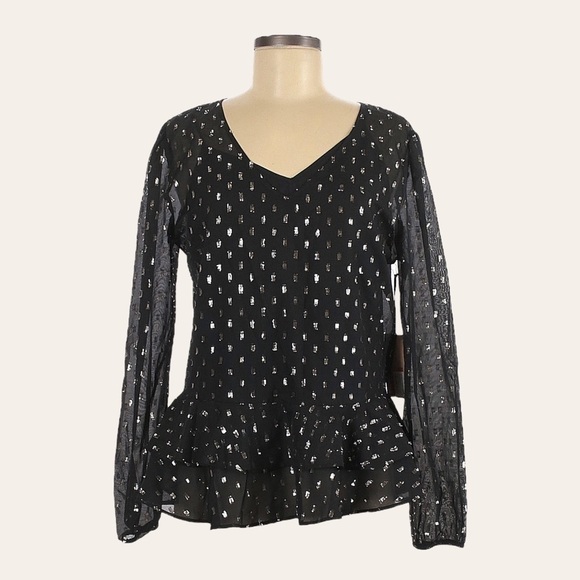 Halogen Nordstrom Gold Clipdot Sheer Sleeve Peplum Ruffle Blouse Size M NWT - Picture 1 of 10